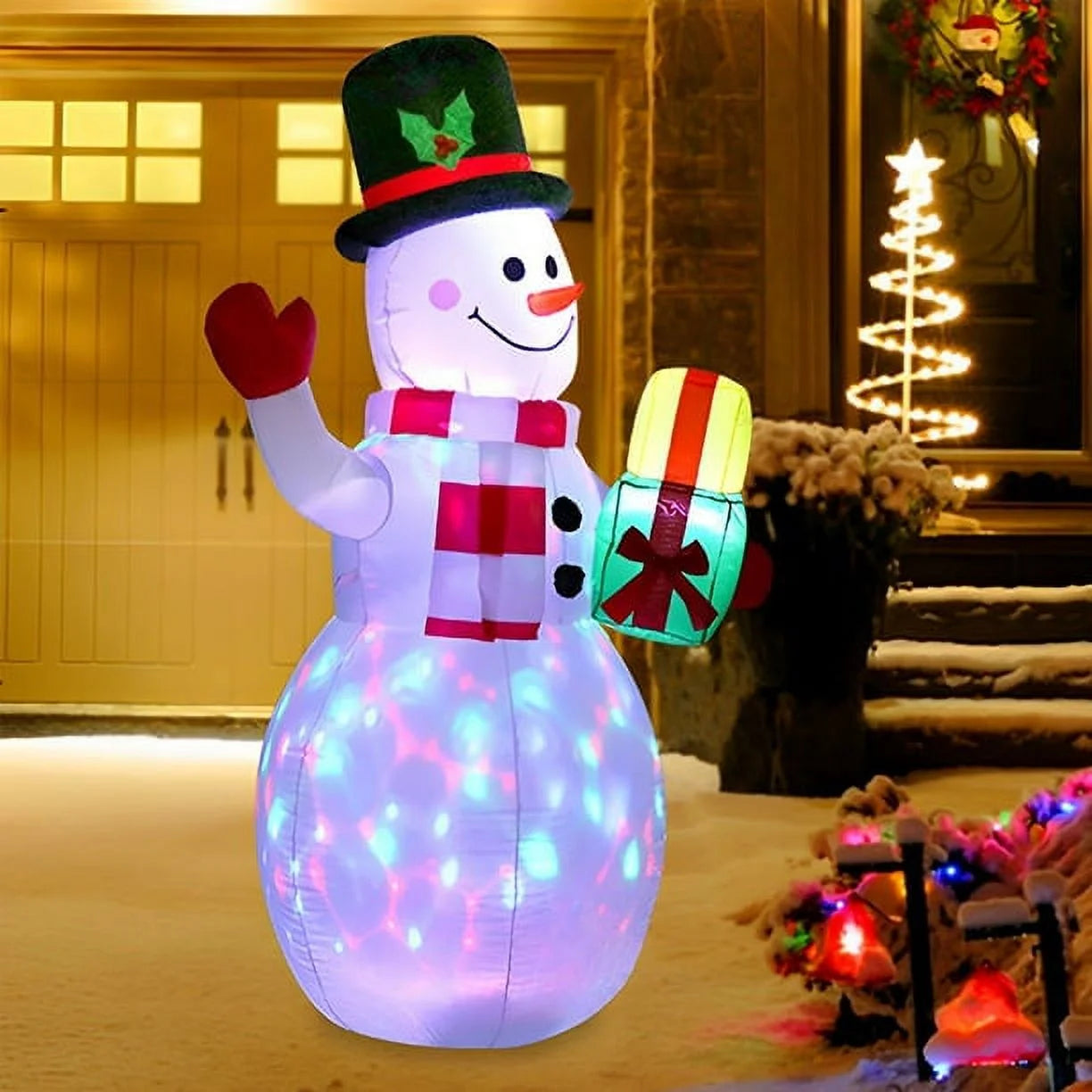 5-Foot Christmas Inflatable Snowman with Rotating LED Lights for Indoor and Outdoor Holiday Decorations