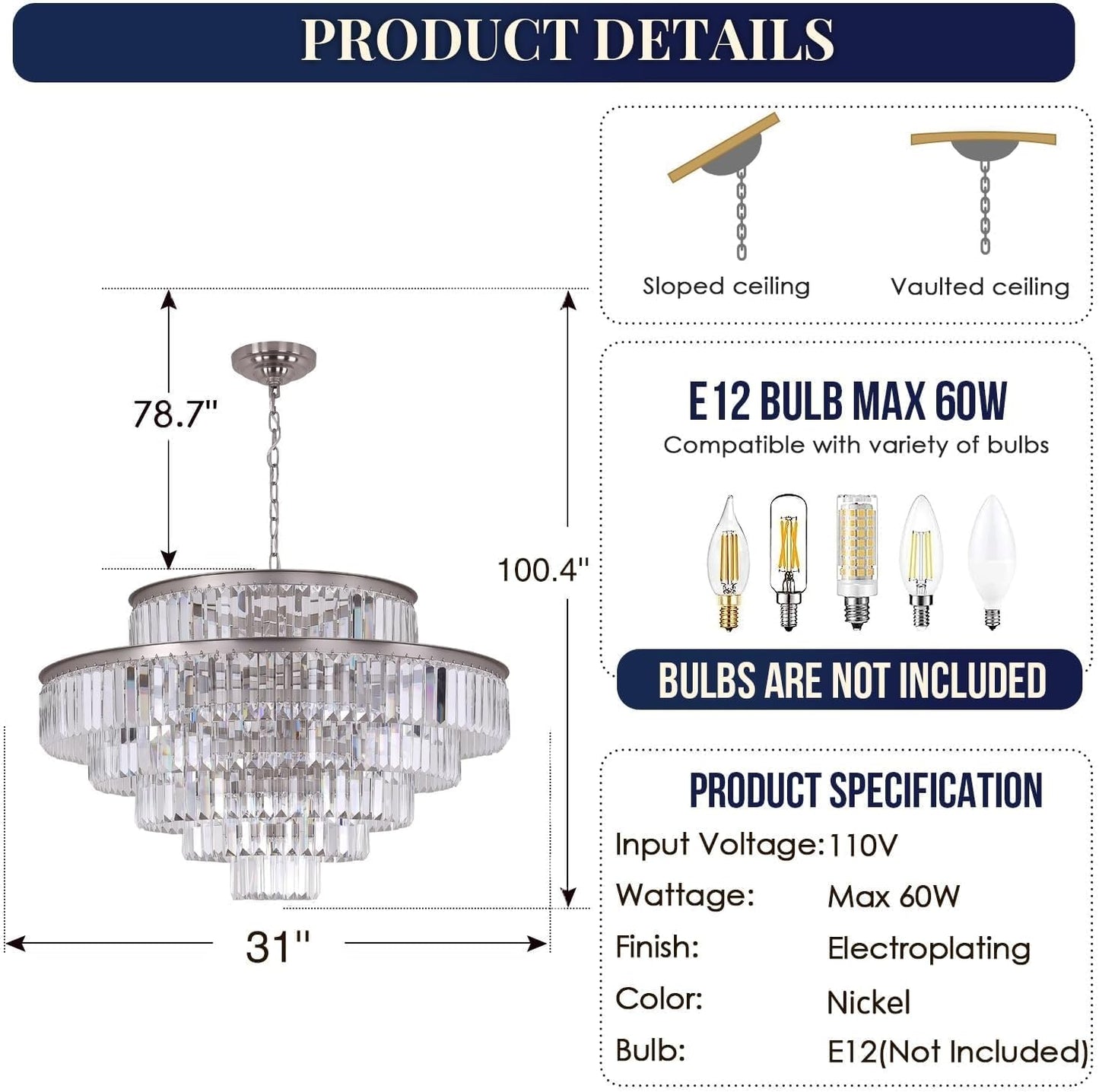 Elegant 7-Tier Crystal Chandelier, 17-Light Nickel Finish