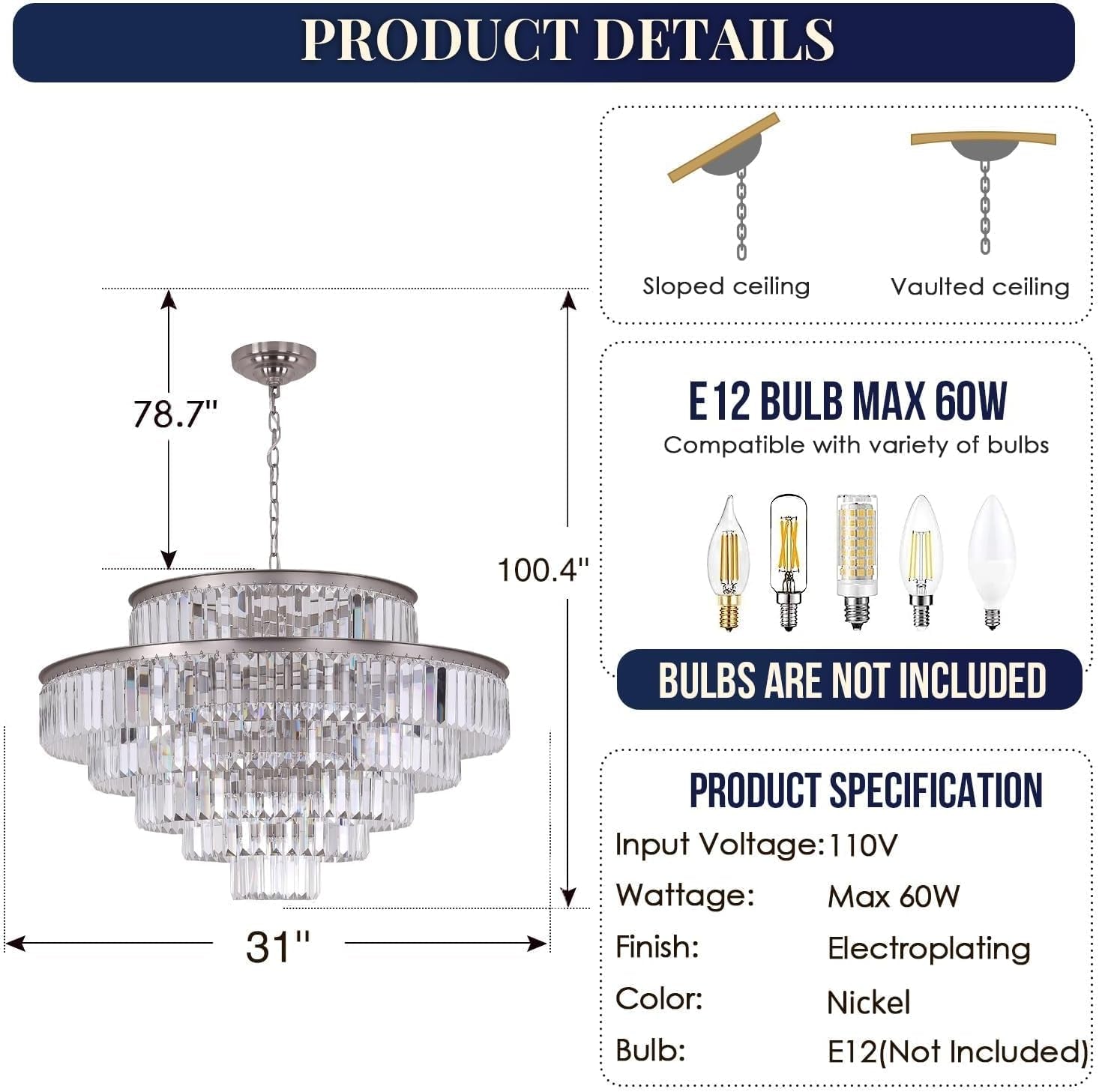 Elegant 7-Tier Crystal Chandelier, 17-Light Nickel Finish