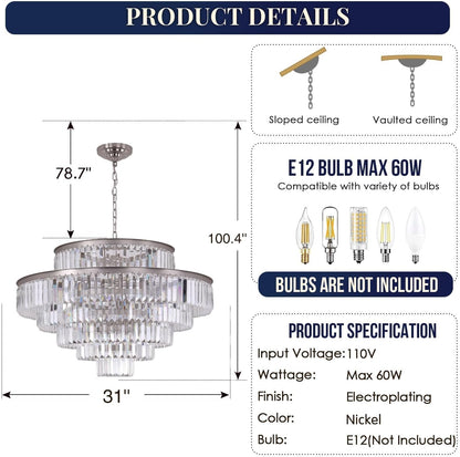 Elegant 7-Tier Crystal Chandelier, 17-Light Nickel Finish