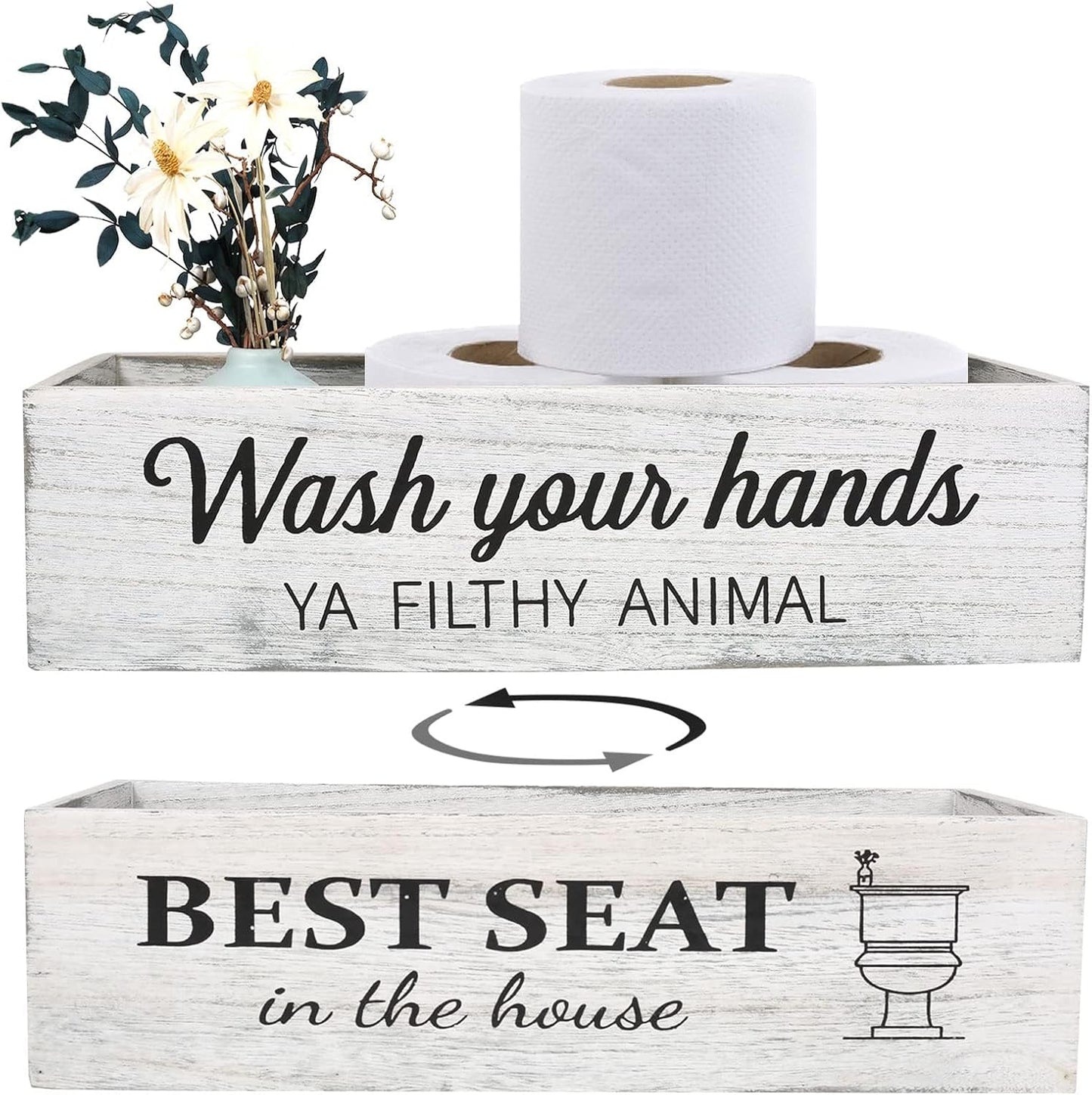 Rustic Whitewashed Bathroom Box – Double-Sided Sign Toilet Tank Basket