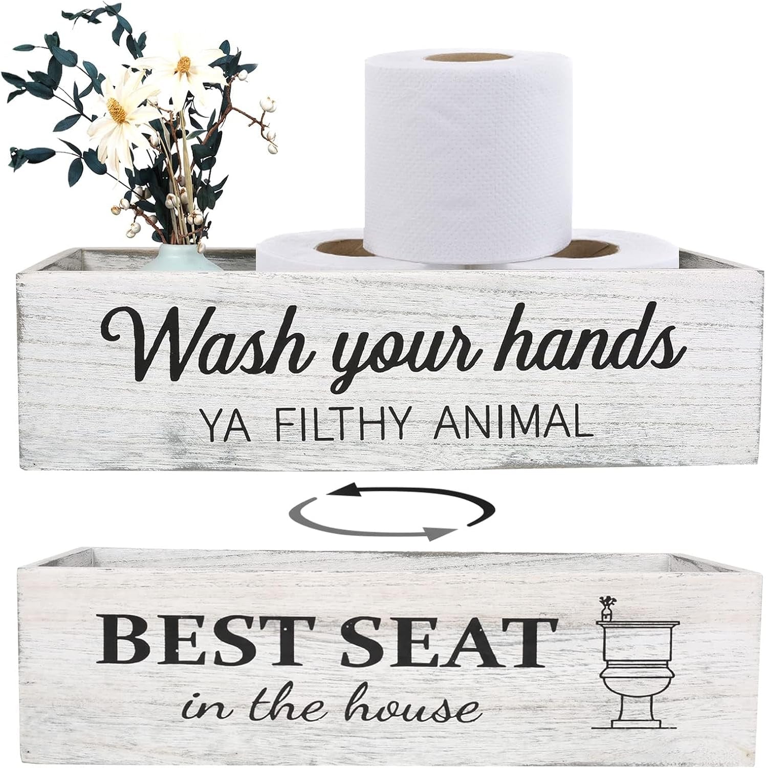 Rustic Whitewashed Bathroom Box – Double-Sided Sign Toilet Tank Basket