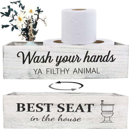 Rustic Whitewashed Bathroom Box – Double-Sided Sign Toilet Tank Basket
