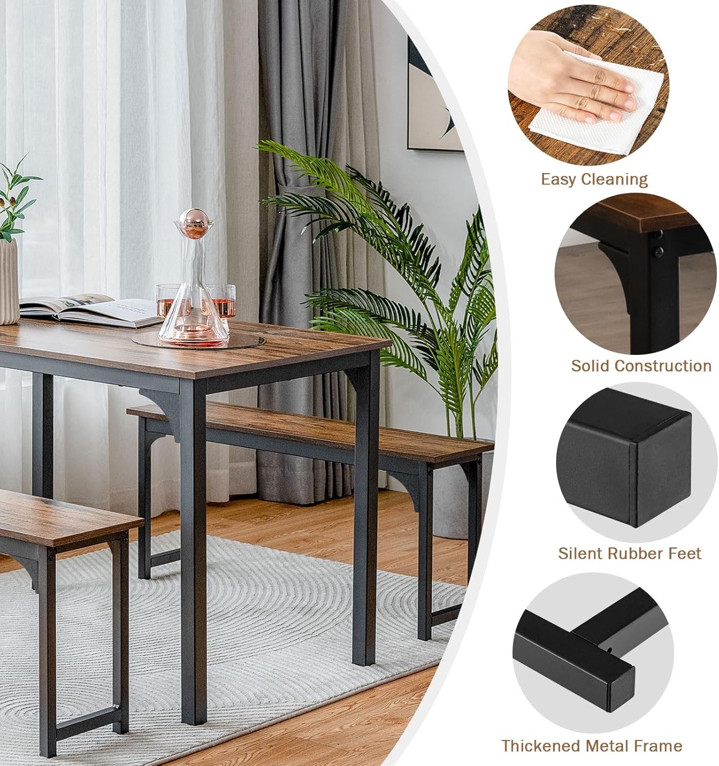 3-Piece Dining Table Set for 4 with Solid Wood Top and Reinforced Metal Frame, Space-Saving Design Ideal for Home, Restaurant, and Outdoor Use