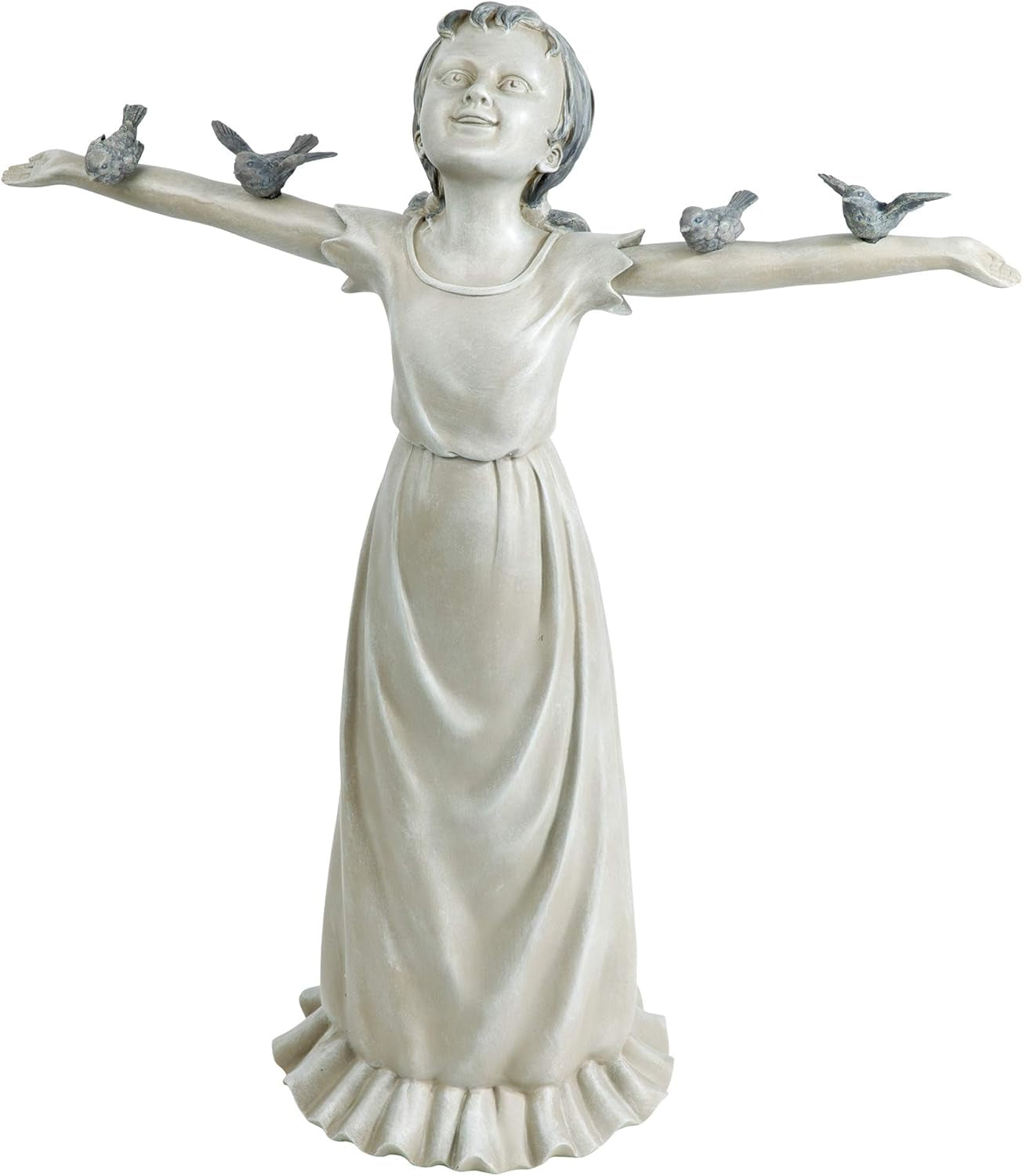 Basking in Glory Outdoor Garden Statue of Little Girl with Birds, 29 Inches Tall, Cast Stone Resin with Two-Tone Finish