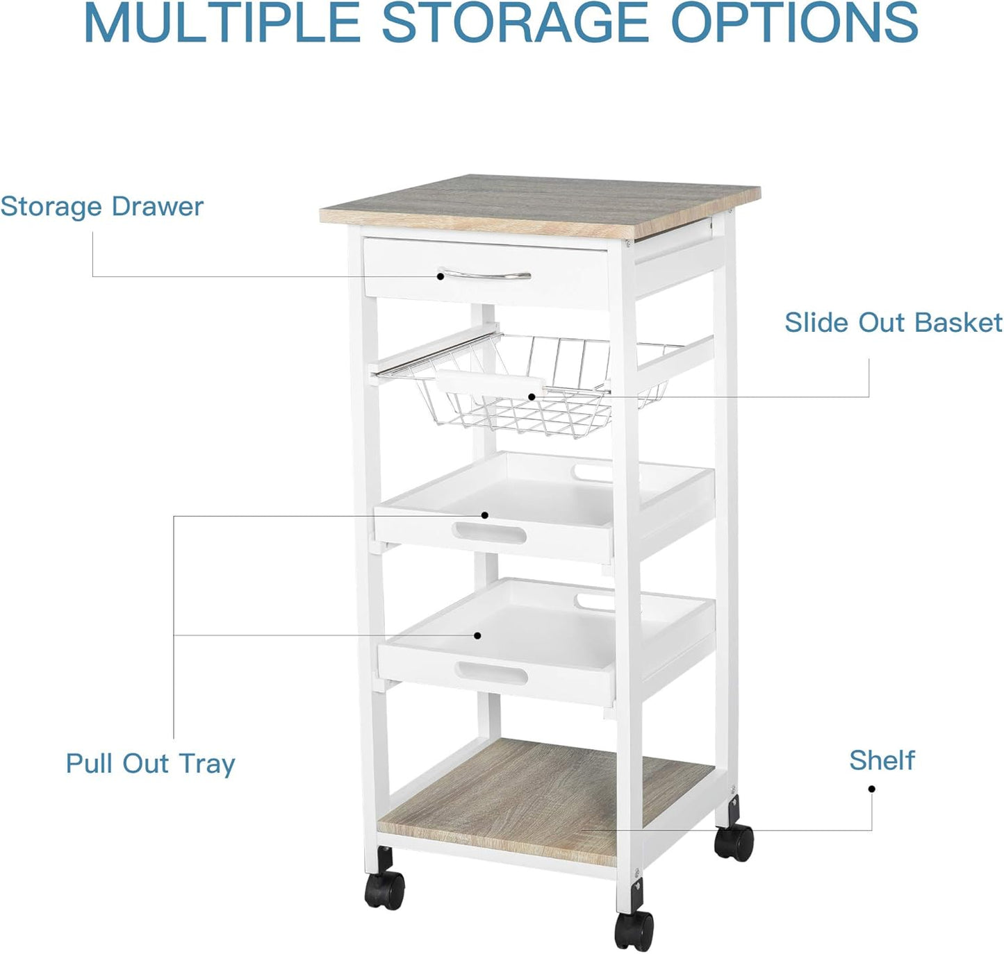 Rolling Kitchen Island Cart with Storage, Solid Wood Frame, Wire Fruit Baskets, Trays, and Drawer, White