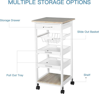Rolling Kitchen Island Cart with Storage, Solid Wood Frame, Wire Fruit Baskets, Trays, and Drawer, White