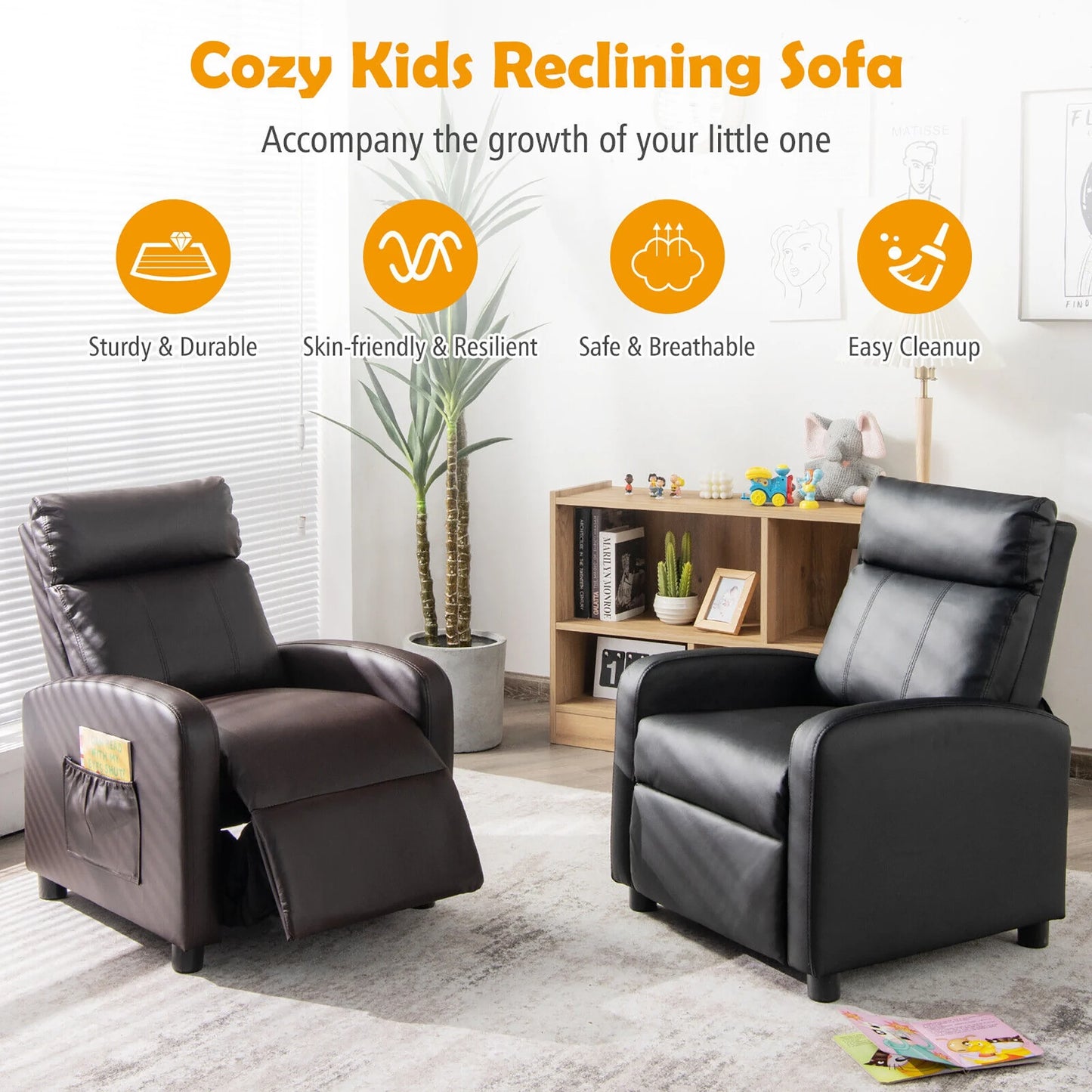 Kids Leather Recliner Chair with Footrest & Side Pocket – Brown