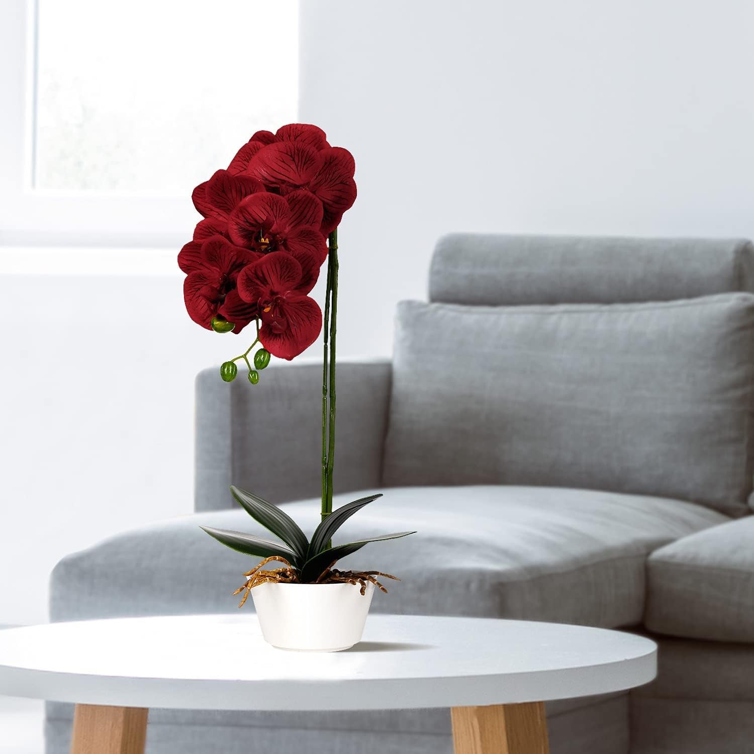 Artificial Red Orchid Plant - Burgundy Faux Flowers for Home Decor, Kitchen, Party, and Hotel Centerpieces - 17" Floral Arrangement