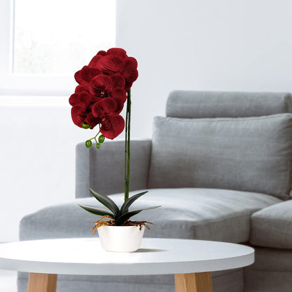 Artificial Red Orchid Plant - Burgundy Faux Flowers for Home Decor, Kitchen, Party, and Hotel Centerpieces - 17" Floral Arrangement