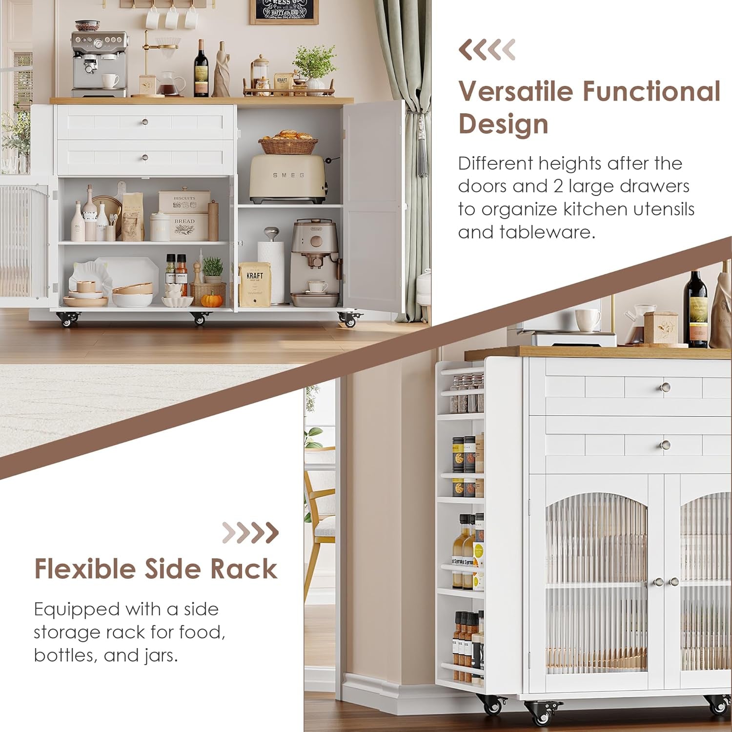 Elevate Your Kitchen Experience with the Stylish and Functional Rolling Kitchen Island - Complete with Storage, Wood Drop Leaf Countertop, and Convenient Wheels