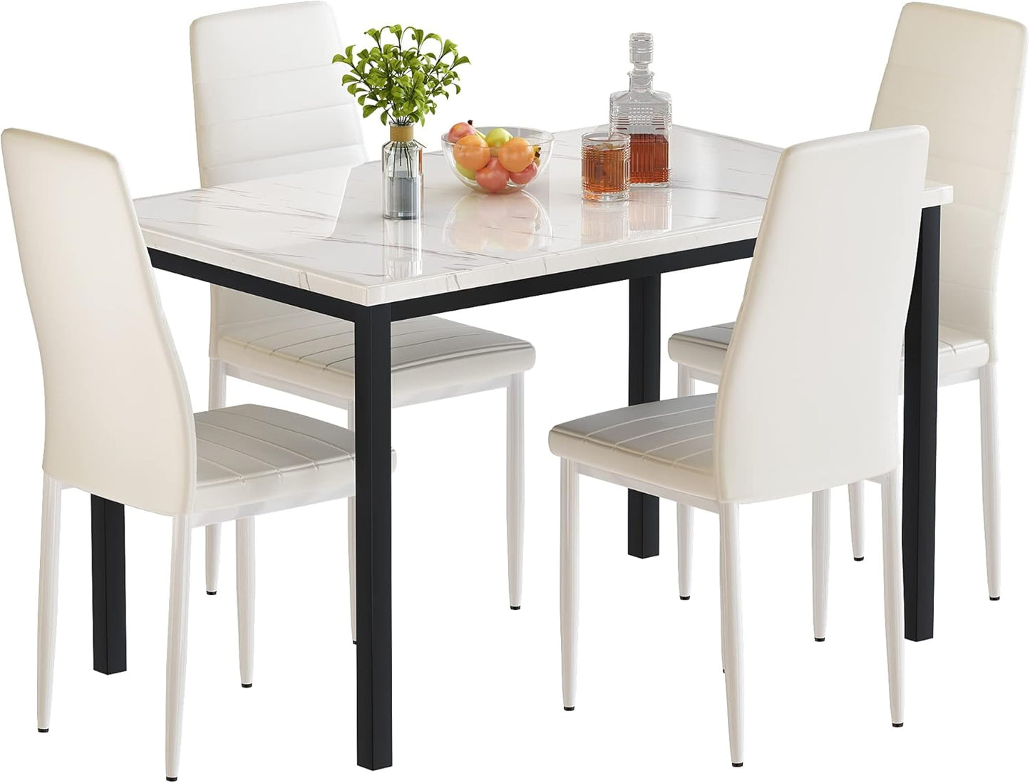 5-Piece Dining Table Set with Faux Marble Top and Faux Leather Upholstered Chairs, Ideal for Kitchen, Breakfast Nook, and Dining Room, White and Beige, 47.25" L x 27.56" W x 30.1" H