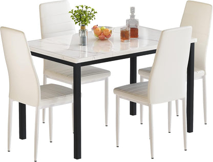 5-Piece Dining Table Set with Faux Marble Top and Faux Leather Upholstered Chairs, Ideal for Kitchen, Breakfast Nook, and Dining Room, White and Beige, 47.25" L x 27.56" W x 30.1" H