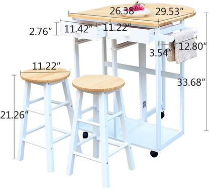 Foldable Dining Table Set with Kitchen Island Trolley Cart, Two Stools, and Two Drawers - Solid Wood Drop Leaf Breakfast and Serving Cart in Semicircle Design, White Finish