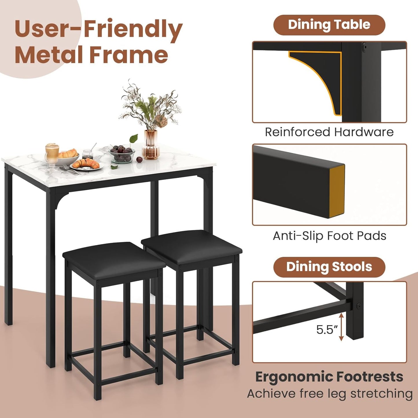 3-Piece Counter Height Dining Set for Two with Faux Marble Tabletop and Metal Frame, Ideal for Small Spaces and Apartments