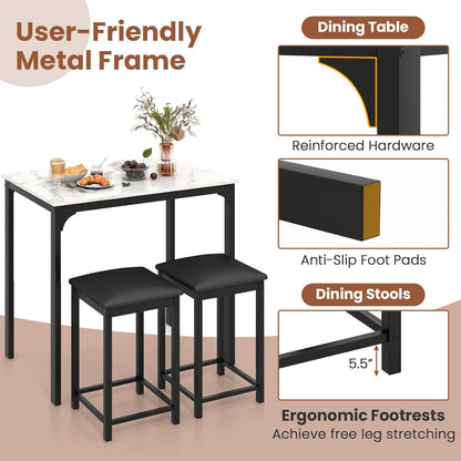3-Piece Counter Height Dining Set for Two with Faux Marble Tabletop and Metal Frame, Ideal for Small Spaces and Apartments