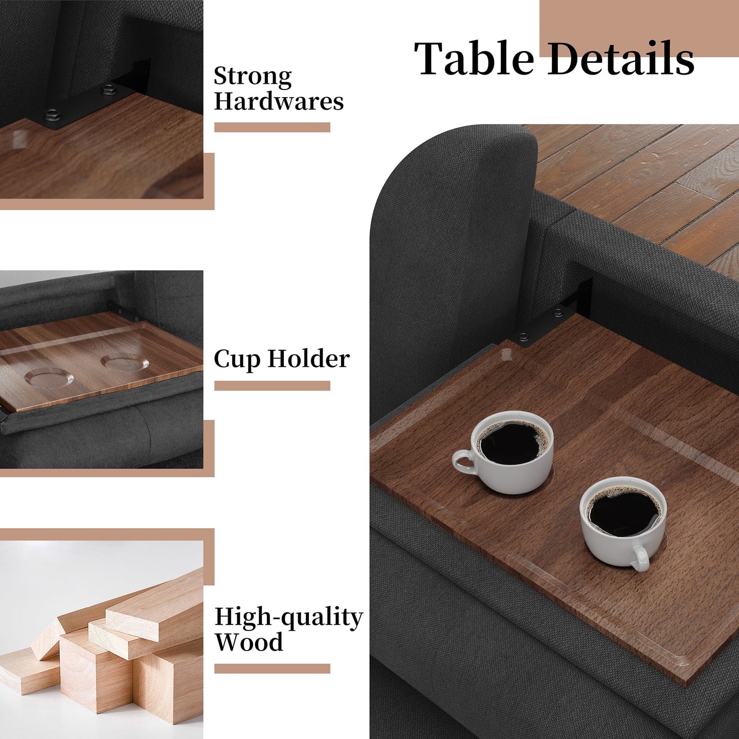Convertible L-Shaped Sectional Sofa with Storage Chaise & Cup Holders –  4-Seater
