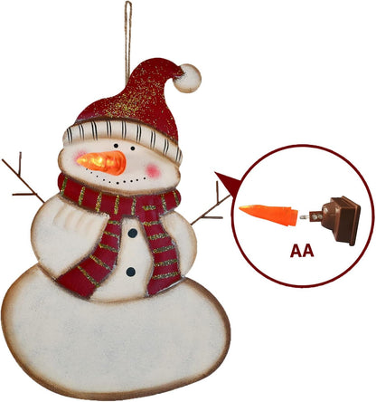Metal Snowman Christmas Sign with Lights - Decorative Hanging Plaque and Yard Sign for Holiday Decor