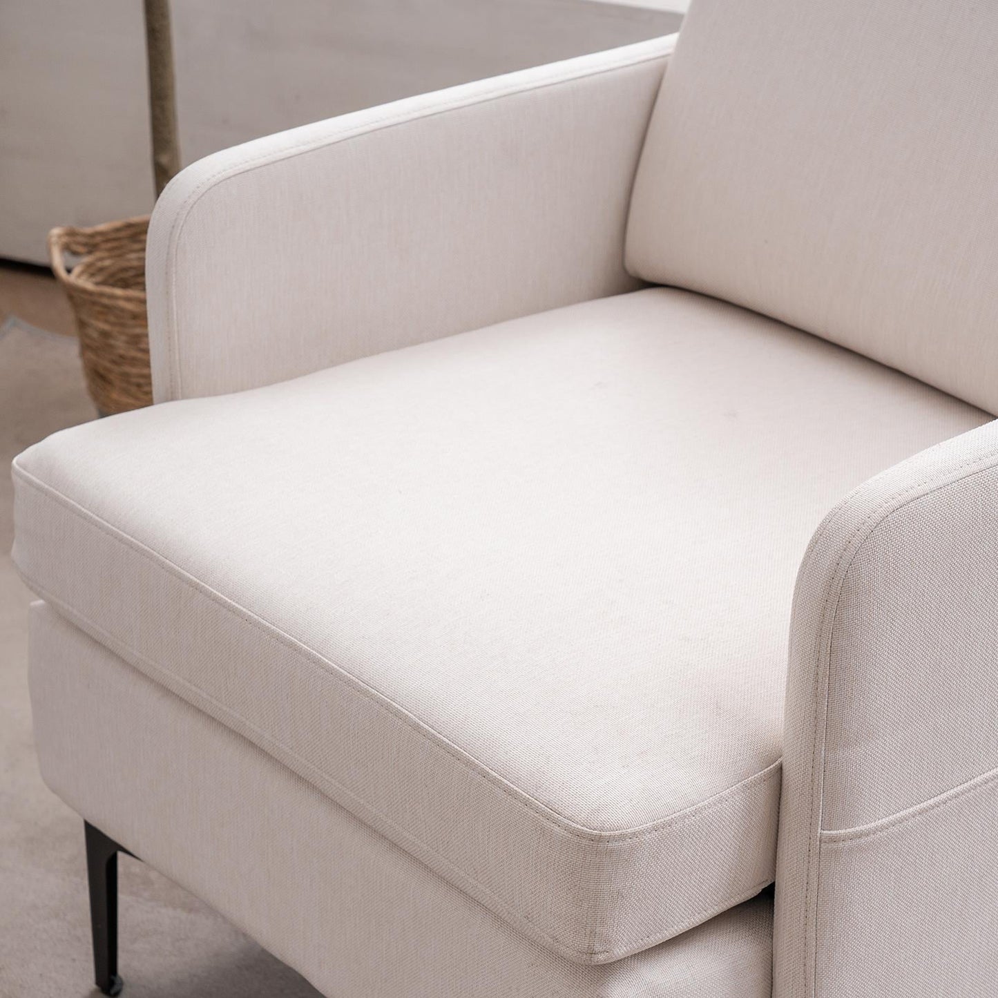 Elegant Mid-Century Linen Chair – Comfortable Beige Accent