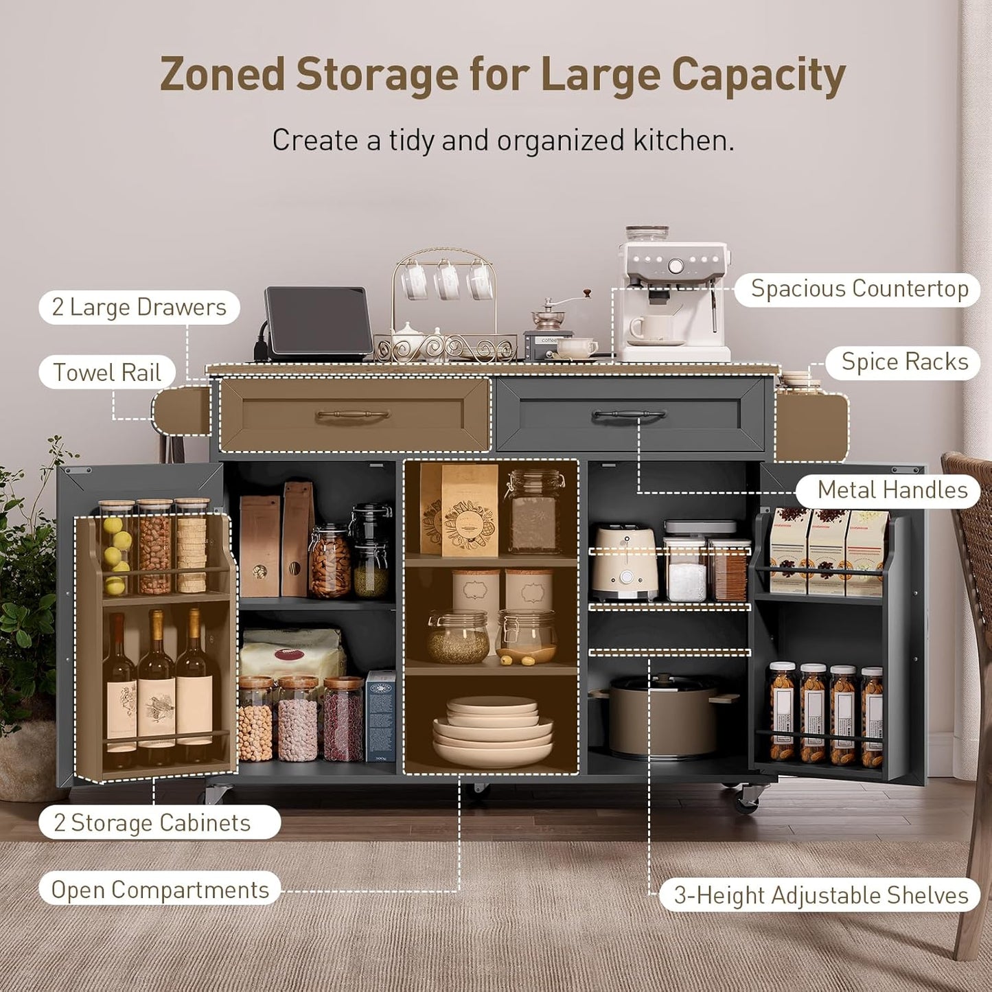 Kitchen Island with Power Outlets and Drop Leaf, Storage Drawer, Spice Rack, and Tower Rack in Black and Rustic Brown