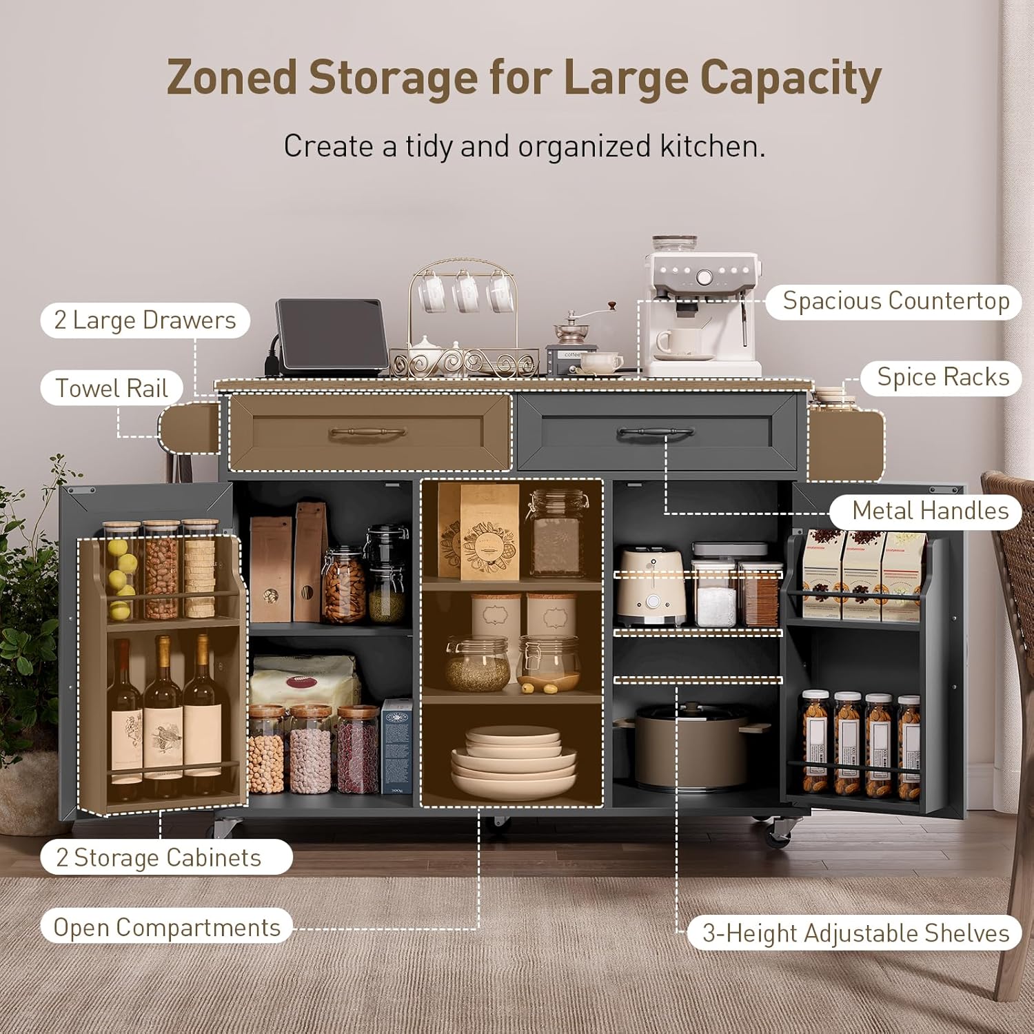 Kitchen Island with Power Outlets and Drop Leaf, Storage Drawer, Spice Rack, and Tower Rack in Black and Rustic Brown
