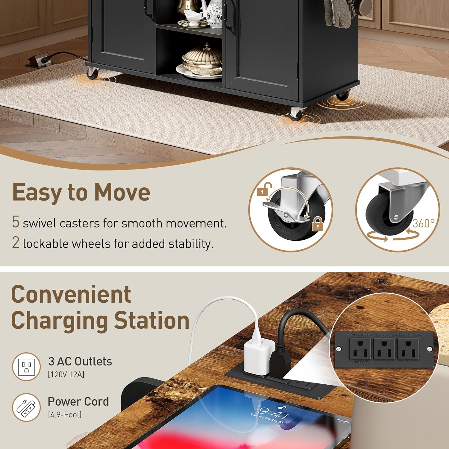 Kitchen Island with Power Outlets and Drop Leaf, Storage Drawer, Spice Rack, and Tower Rack in Black and Rustic Brown