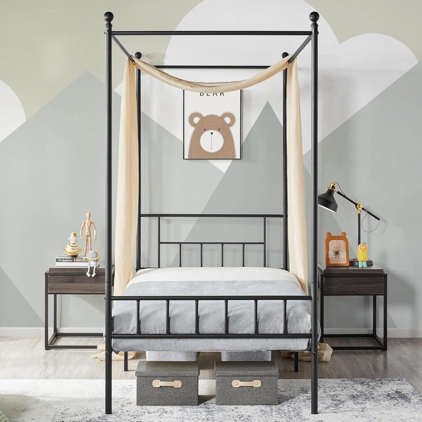 Twin Metal Canopy Bed Frame with Headboard and Footboard, Sturdy Slatted Structure, No Box Spring Required, Easy Assembly, Black