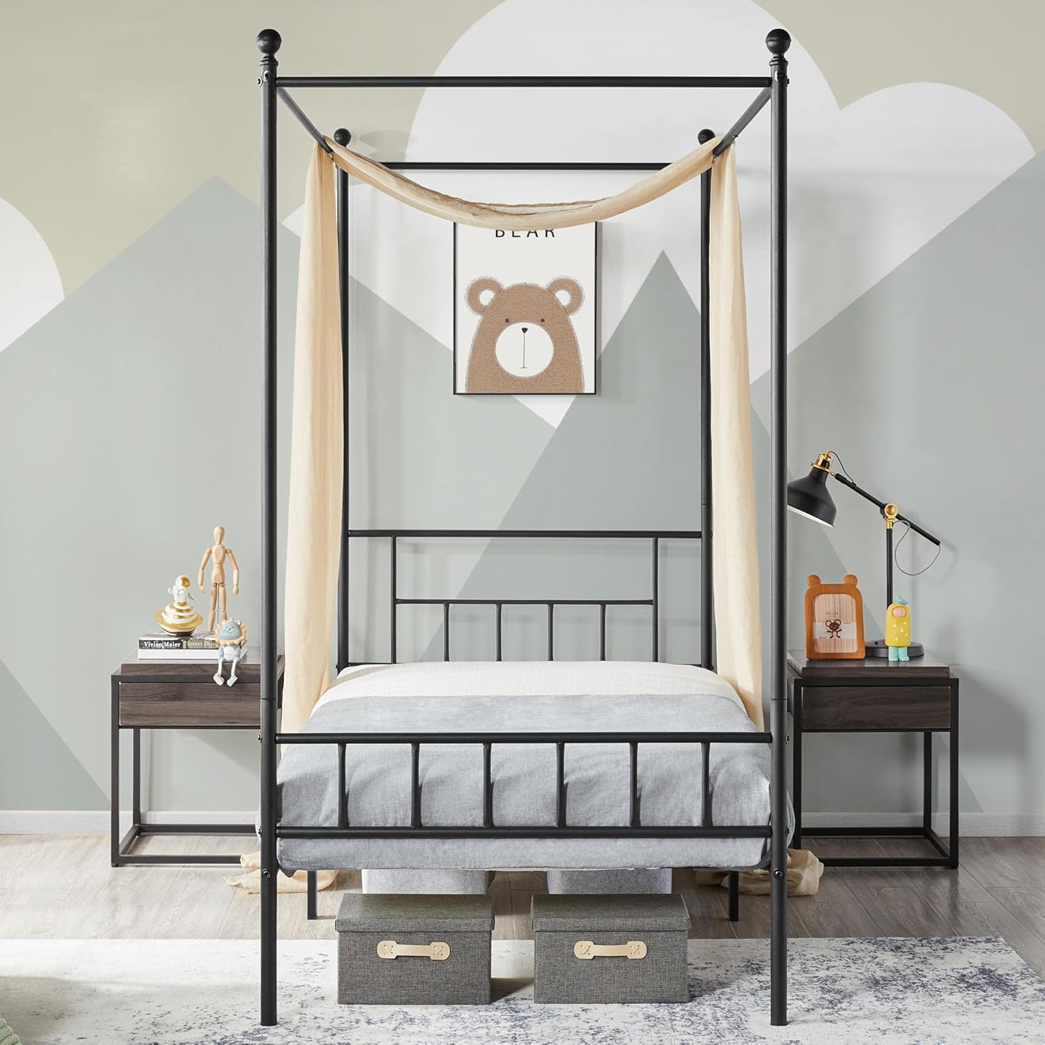 Twin Metal Canopy Bed Frame with Headboard and Footboard, Sturdy Slatted Structure, No Box Spring Required, Easy Assembly, Black