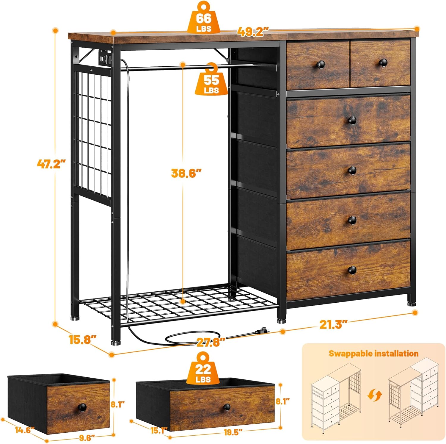 Stylish 49.2" Wide Dresser with Versatile Hanging Rack, Six Spacious Drawers, LED Lighting, and Charging Station - Perfect for Your Bedroom or Entryway in Rustic Brown Finish
