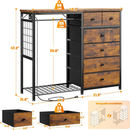 Stylish 49.2" Wide Dresser with Versatile Hanging Rack, Six Spacious Drawers, LED Lighting, and Charging Station - Perfect for Your Bedroom or Entryway in Rustic Brown Finish