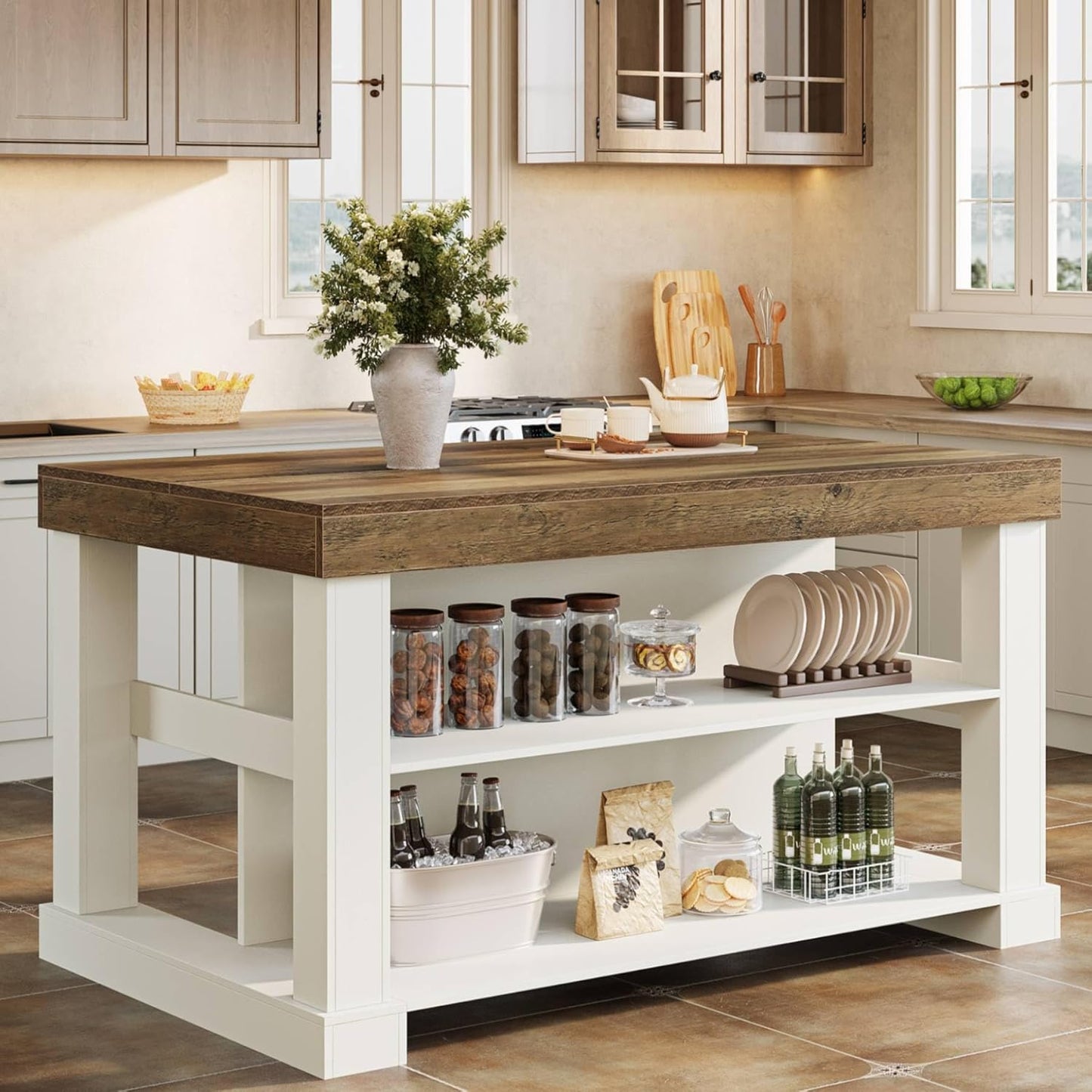 55-Inch Kitchen Island with Seating and Storage, 3-Tier Farmhouse Wood Stationary Table with Ample Worktop and Legroom, Coffee Bar Table with Storage Shelves in White and Brown