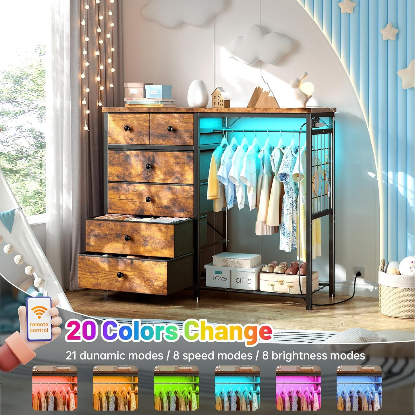 Stylish 49.2" Wide Dresser with Versatile Hanging Rack, Six Spacious Drawers, LED Lighting, and Charging Station - Perfect for Your Bedroom or Entryway in Rustic Brown Finish