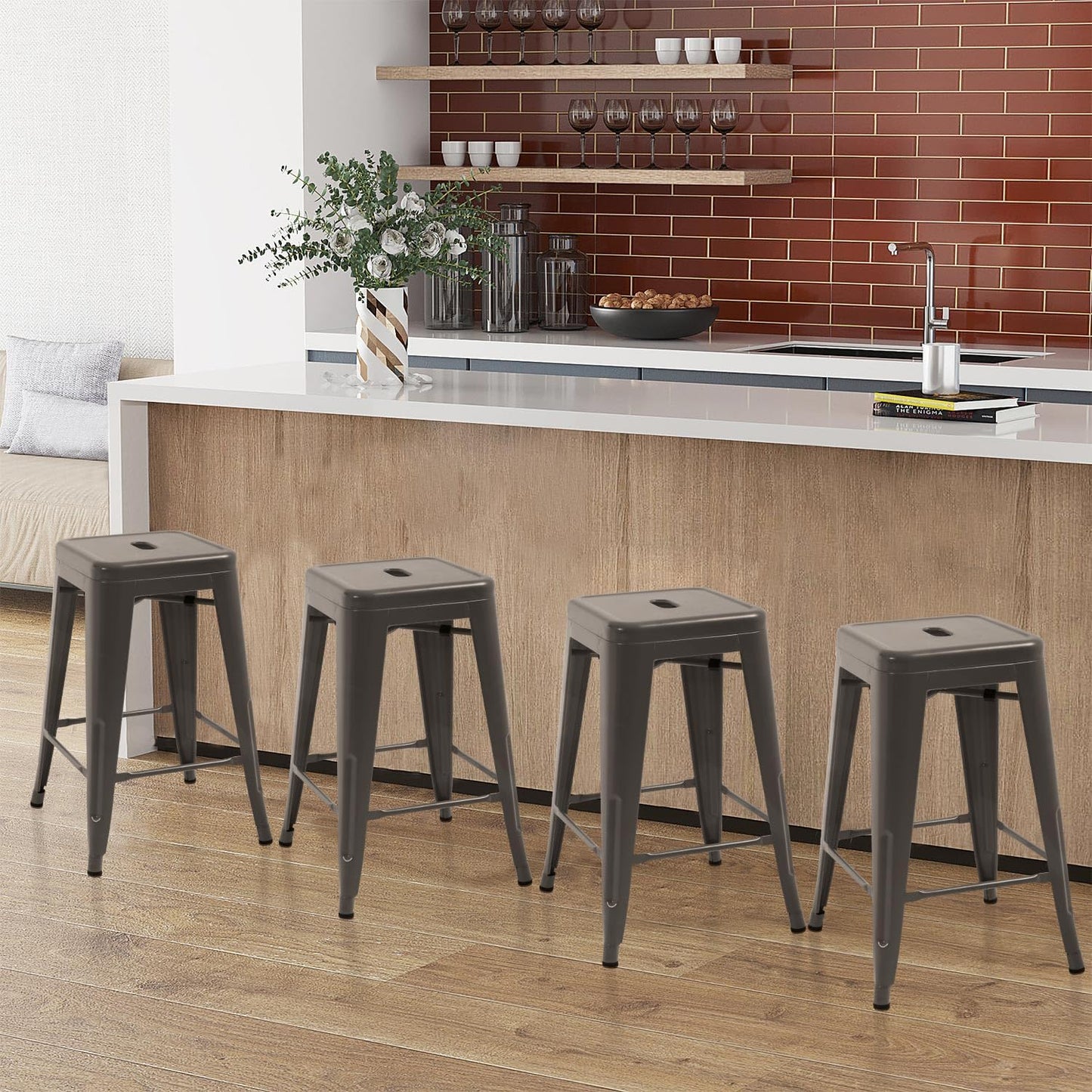 24-Inch Black Metal Bar Stools for Kitchen Island - Set of 4 Stackable Backless Counter Height Chairs for Indoor and Outdoor Use
