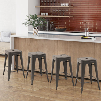 24-Inch Black Metal Bar Stools for Kitchen Island - Set of 4 Stackable Backless Counter Height Chairs for Indoor and Outdoor Use