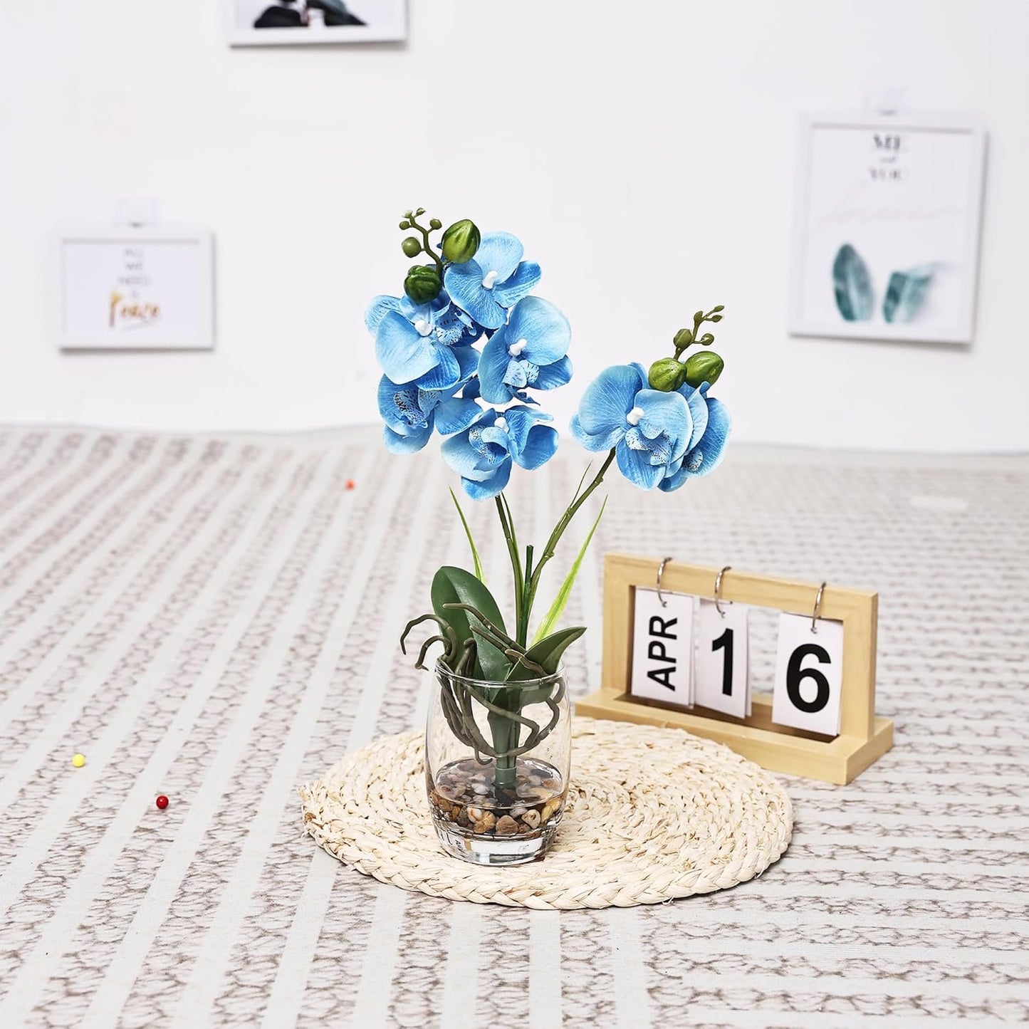 14.5-Inch Glass Vase with Artificial Phalaenopsis Orchid for Home and Office Décor, Table Centerpiece and Room Decoration (Blue Orchid)