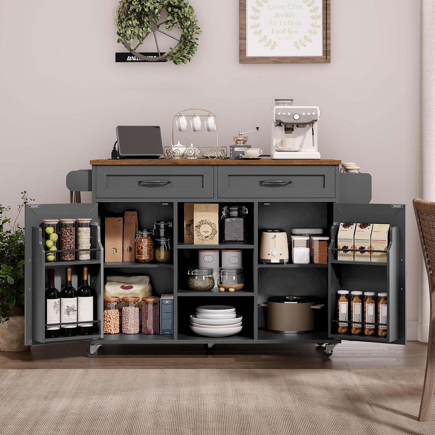 Kitchen Island with Power Outlets and Drop Leaf, Storage Drawer, Spice Rack, and Tower Rack in Black and Rustic Brown