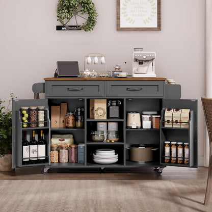Kitchen Island with Power Outlets and Drop Leaf, Storage Drawer, Spice Rack, and Tower Rack in Black and Rustic Brown