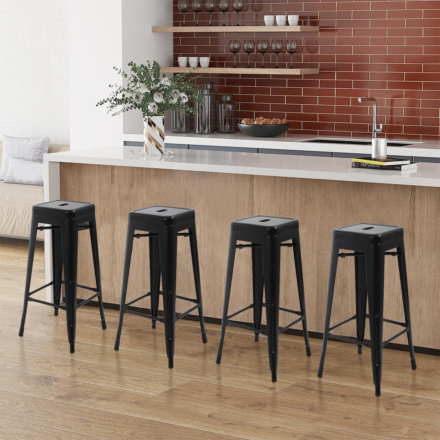 24-Inch Black Metal Bar Stools for Kitchen Island - Set of 4 Stackable Backless Counter Height Chairs for Indoor and Outdoor Use