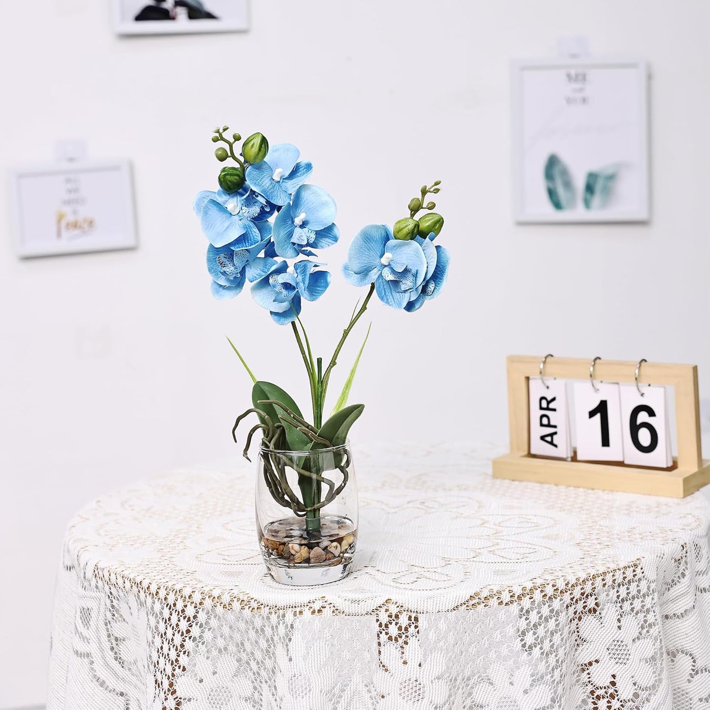 14.5-Inch Glass Vase with Artificial Phalaenopsis Orchid for Home and Office Décor, Table Centerpiece and Room Decoration (Blue Orchid)