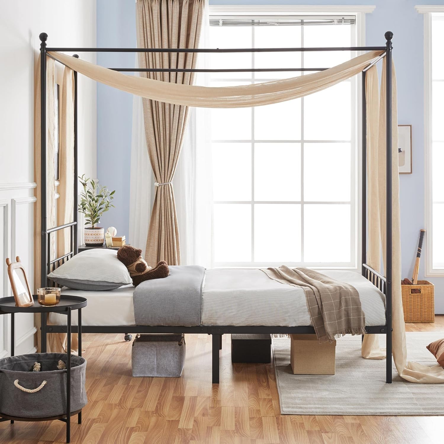 Twin Metal Canopy Bed Frame with Headboard and Footboard, Sturdy Slatted Structure, No Box Spring Required, Easy Assembly, Black