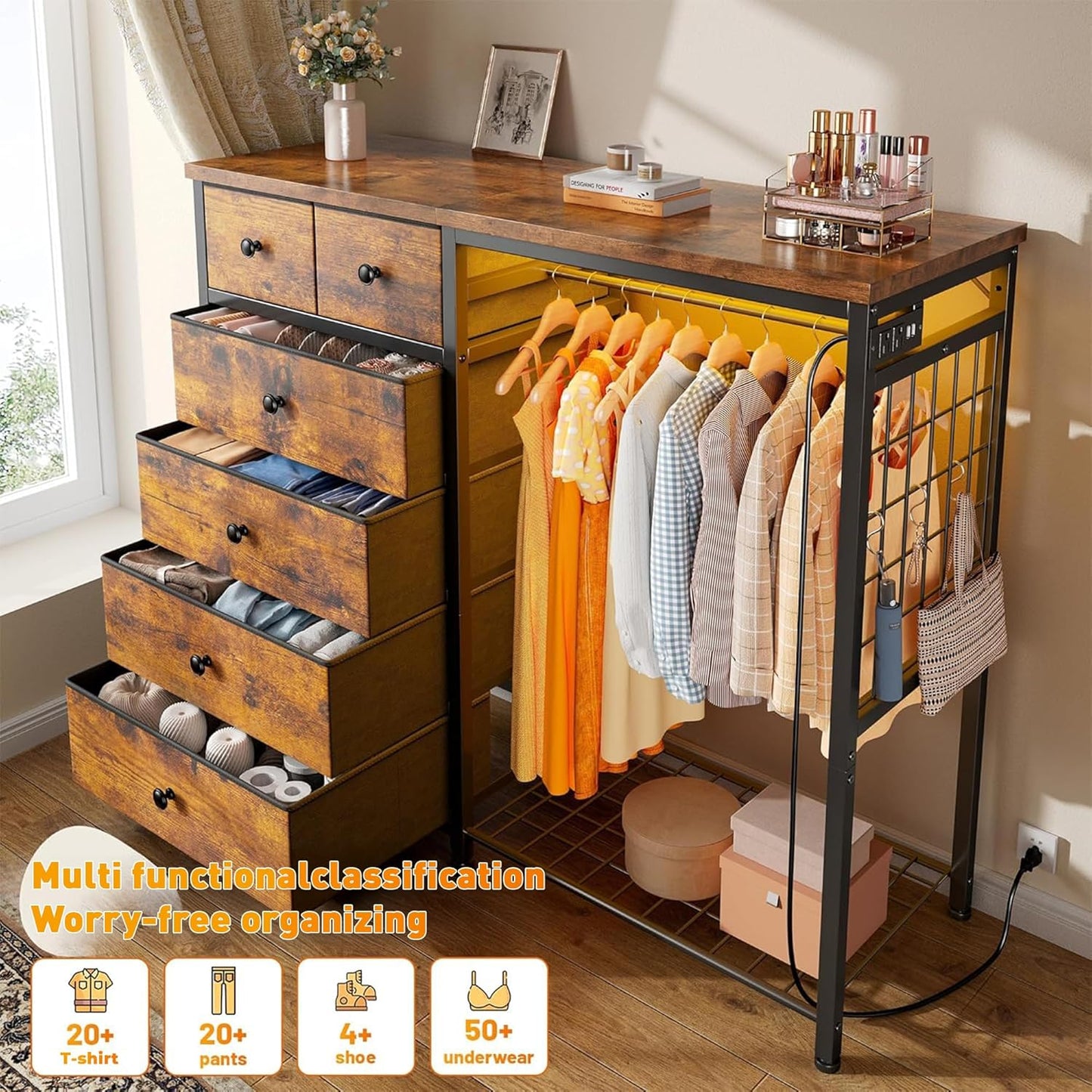 Stylish 49.2" Wide Dresser with Versatile Hanging Rack, Six Spacious Drawers, LED Lighting, and Charging Station - Perfect for Your Bedroom or Entryway in Rustic Brown Finish
