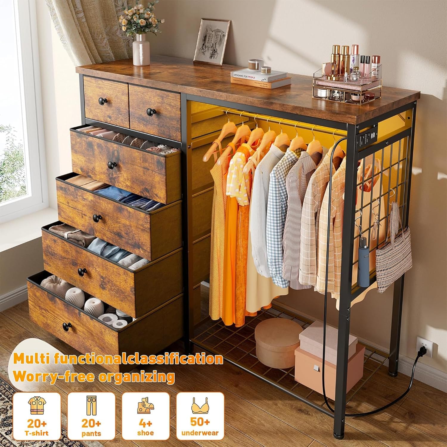 Stylish 49.2" Wide Dresser with Versatile Hanging Rack, Six Spacious Drawers, LED Lighting, and Charging Station - Perfect for Your Bedroom or Entryway in Rustic Brown Finish