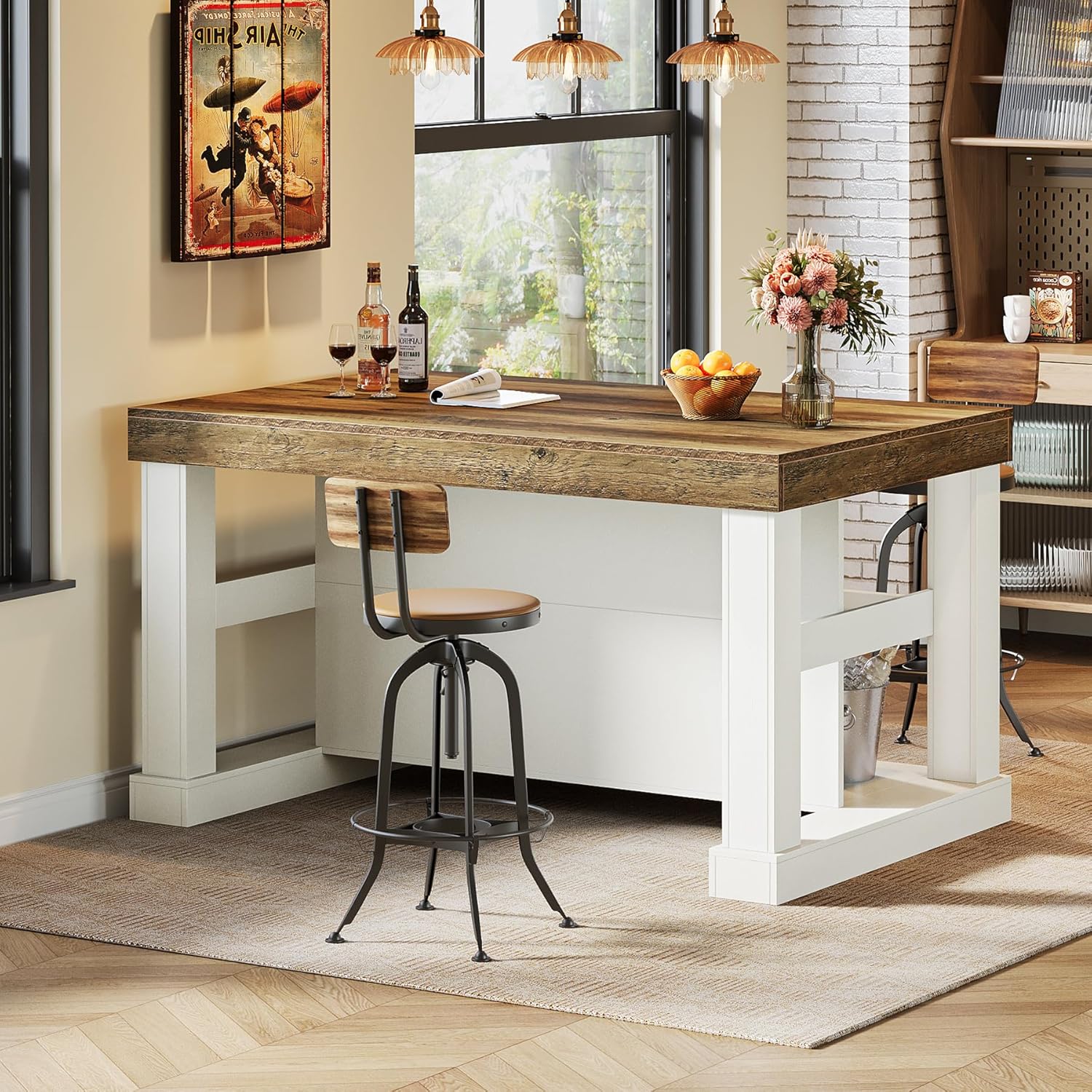 55-Inch Kitchen Island with Seating and Storage, 3-Tier Farmhouse Wood Stationary Table with Ample Worktop and Legroom, Coffee Bar Table with Storage Shelves in White and Brown