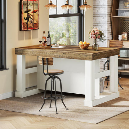 55-Inch Kitchen Island with Seating and Storage, 3-Tier Farmhouse Wood Stationary Table with Ample Worktop and Legroom, Coffee Bar Table with Storage Shelves in White and Brown