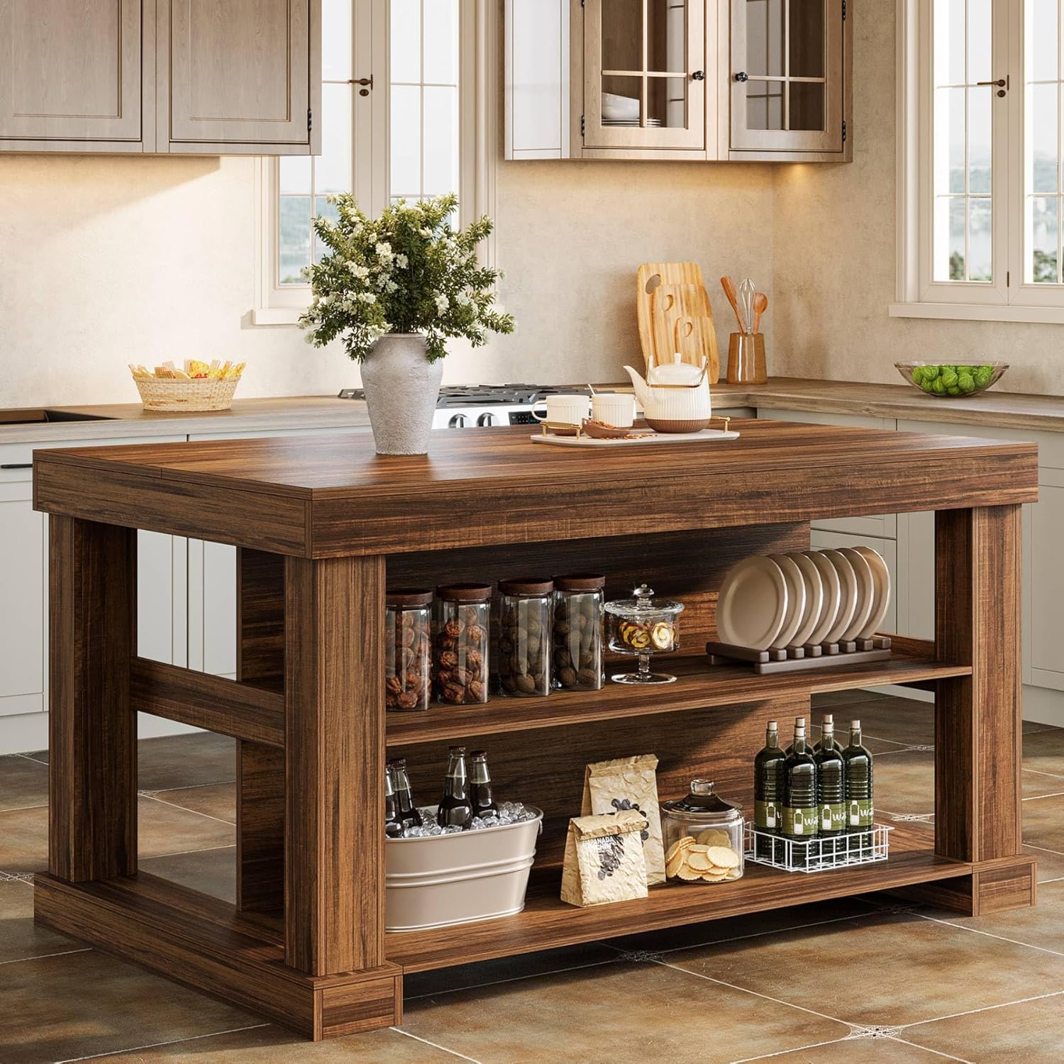 55-Inch Kitchen Island with Seating and Storage, 3-Tier Farmhouse Wood Stationary Table with Ample Worktop and Legroom, Coffee Bar Table with Storage Shelves in White and Brown