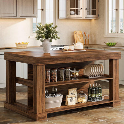 55-Inch Kitchen Island with Seating and Storage, 3-Tier Farmhouse Wood Stationary Table with Ample Worktop and Legroom, Coffee Bar Table with Storage Shelves in White and Brown
