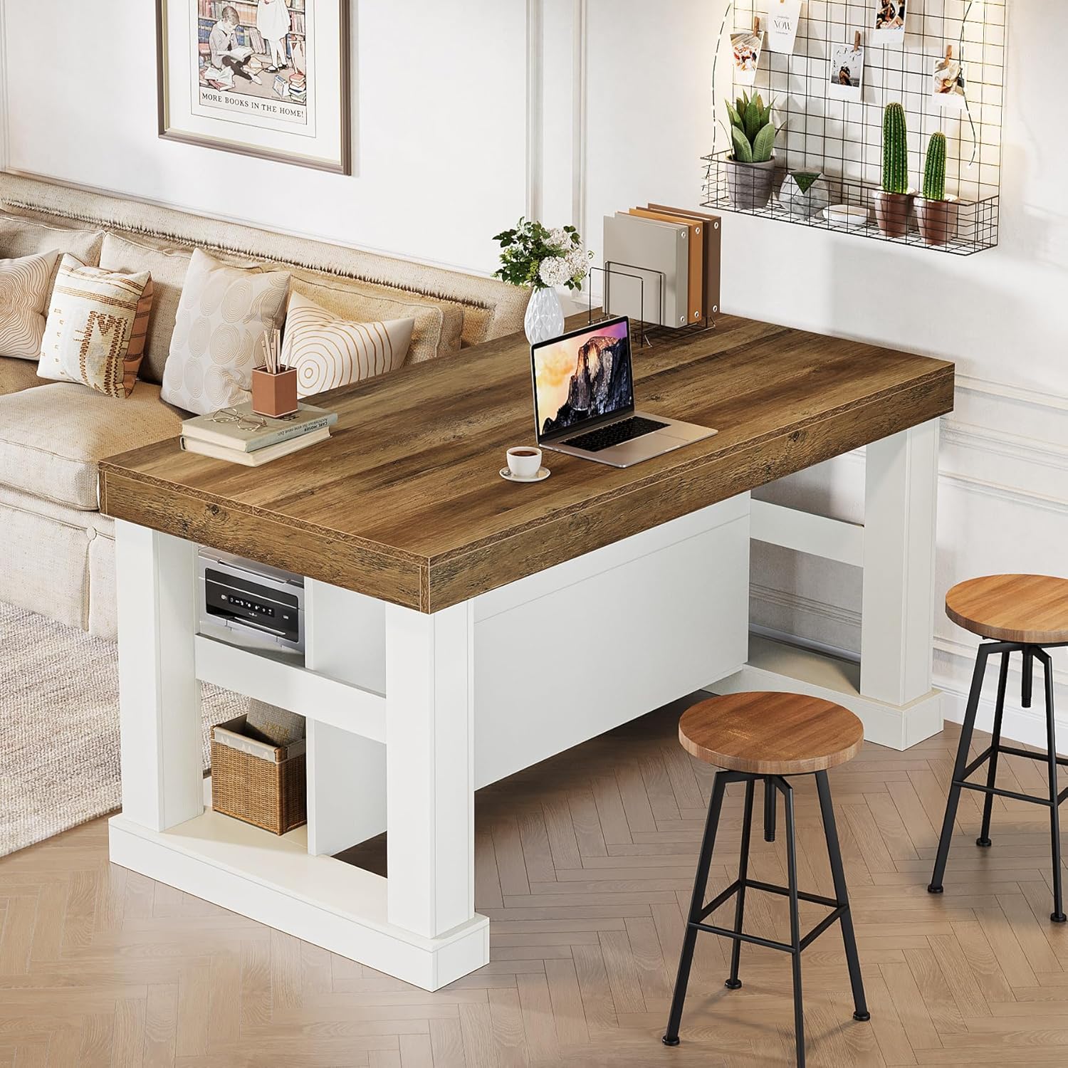 55-Inch Kitchen Island with Seating and Storage, 3-Tier Farmhouse Wood Stationary Table with Ample Worktop and Legroom, Coffee Bar Table with Storage Shelves in White and Brown