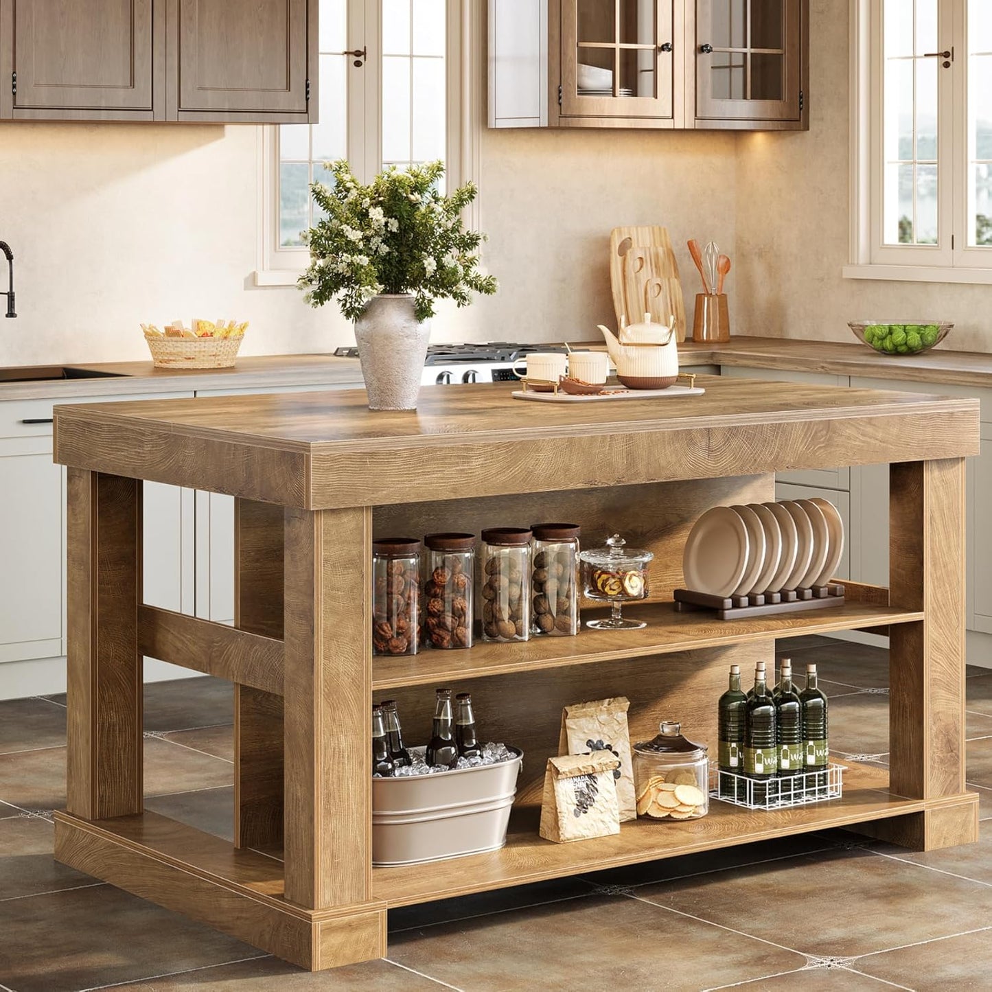 55-Inch Kitchen Island with Seating and Storage, 3-Tier Farmhouse Wood Stationary Table with Ample Worktop and Legroom, Coffee Bar Table with Storage Shelves in White and Brown