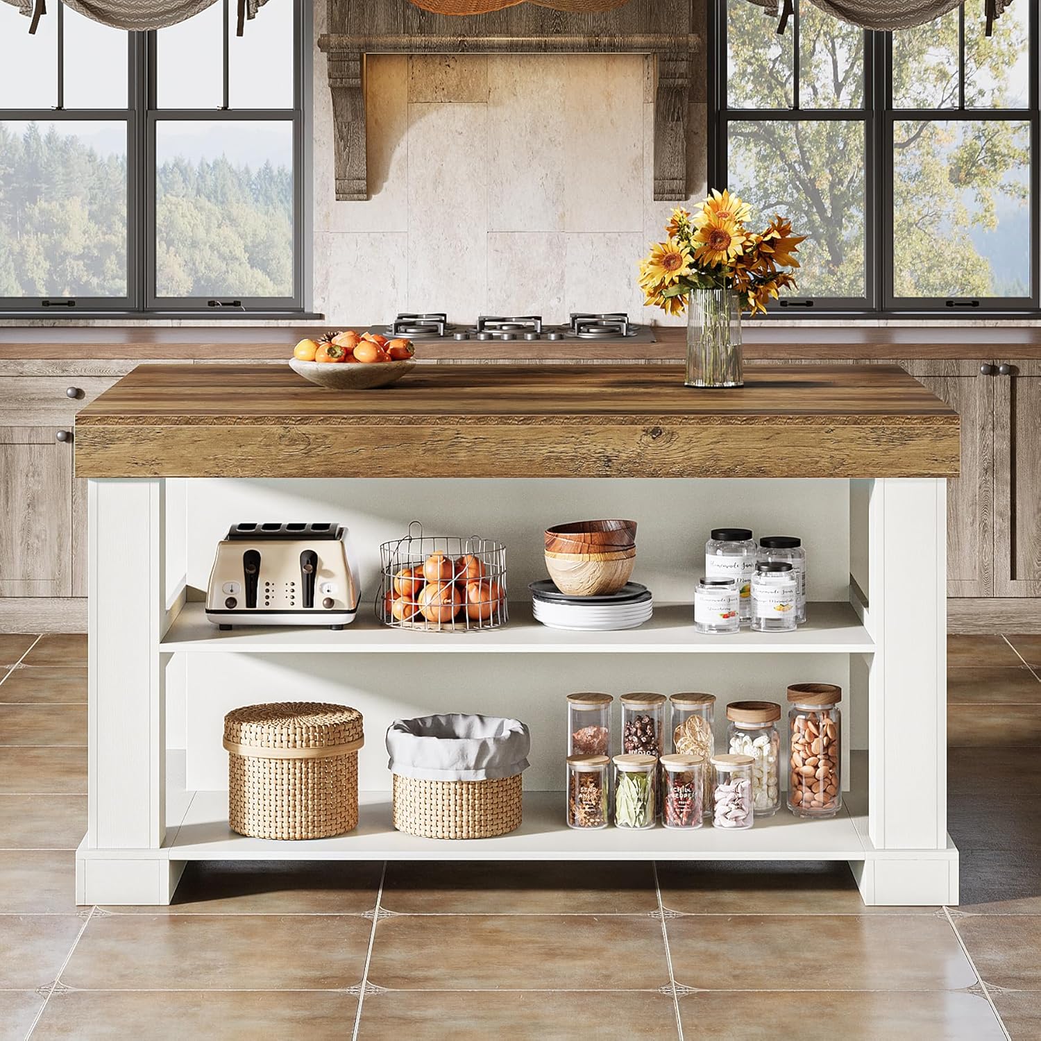 55-Inch Kitchen Island with Seating and Storage, 3-Tier Farmhouse Wood Stationary Table with Ample Worktop and Legroom, Coffee Bar Table with Storage Shelves in White and Brown