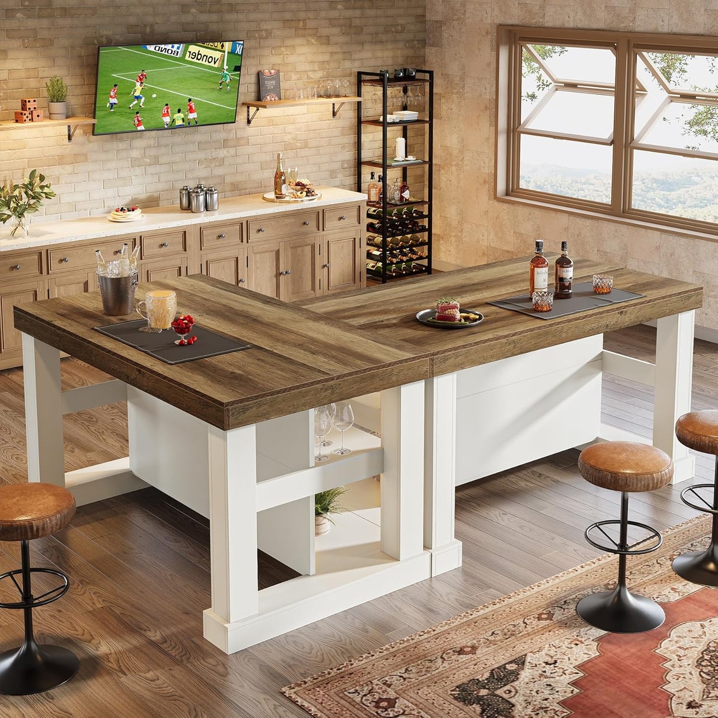 55-Inch Kitchen Island with Seating and Storage, 3-Tier Farmhouse Wood Stationary Table with Ample Worktop and Legroom, Coffee Bar Table with Storage Shelves in White and Brown